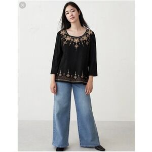 Alfred Dunner Woman 1X Black Embellished 3/4 Sleeve Knit Top Blouse